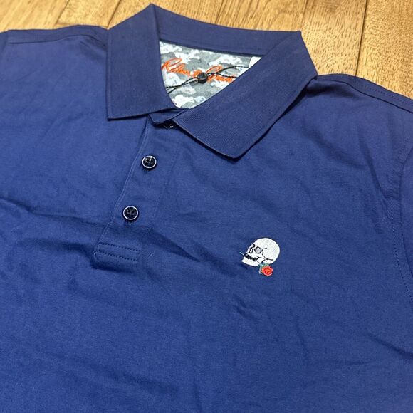 Robert Graham Polo Shirt‎ Mens Small Blue Archie Skull 💀  Rose 🌹 SS - Picture 1 of 8